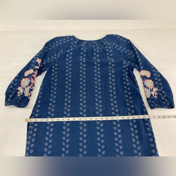 J Jill Dress Women’s S Blue Embroidered Floral Balloon Sleeve Tassel Boho Chic - Picture 10 of 11